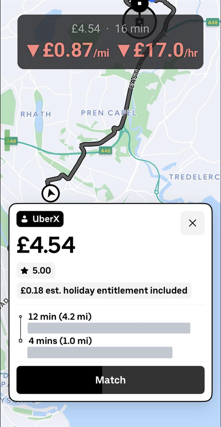 A ride offer on a phone, with the FareCheck overlay in night colours showing £4.54 for 16 minutes, £0.87 per mile and £17.0 per hour, both in red. The addresses are covered.